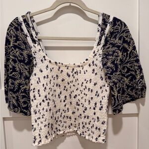 Free People Navy and Cream Floral Top